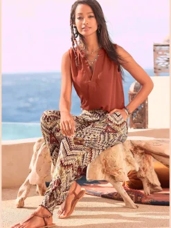 Pantalon d'été léger à imprimé ethnique avec poches fendues
