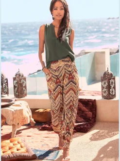 Pantalon d'été léger à imprimé ethnique avec poches fendues