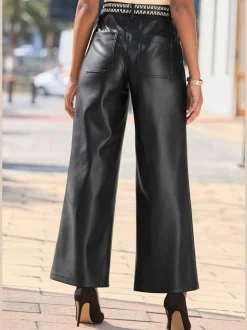 Pantalon en imitation cuir à poches décoratives et jambes larges