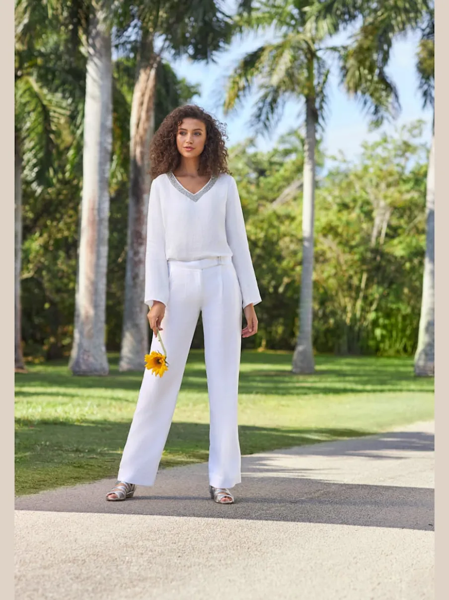 Pantalon en lin à poches fendues style décontracté