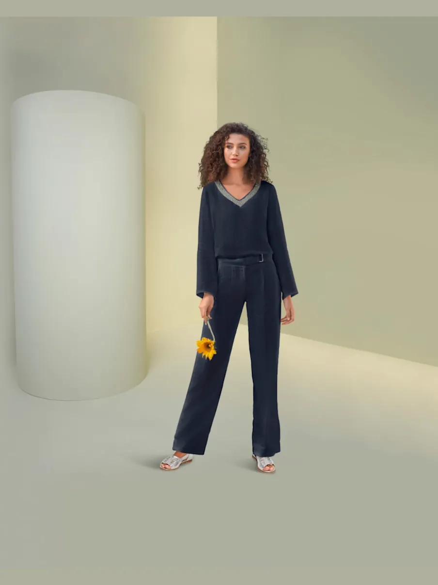 Pantalon en lin à poches fendues style décontracté