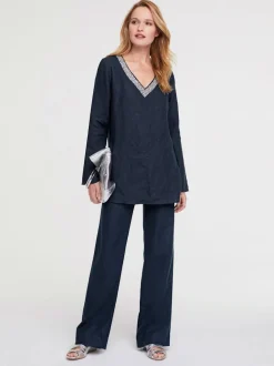 Pantalon en lin à poches fendues style décontracté