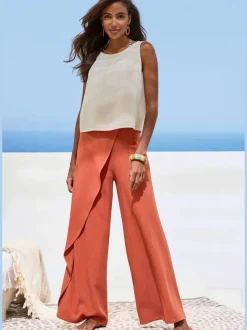 Pantalon fluide en mélange de lin et viscose avec large ceinture élastique