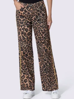 Pantalon large motif léopard avec passepoils contrastés