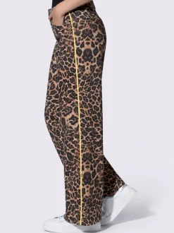 Pantalon large motif léopard avec passepoils contrastés