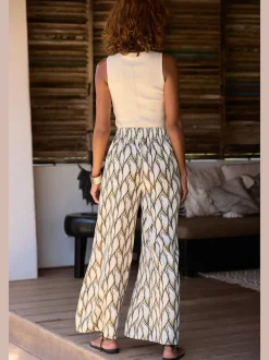 Pantalon large à motifs avec ceinture smockée et poches latérales