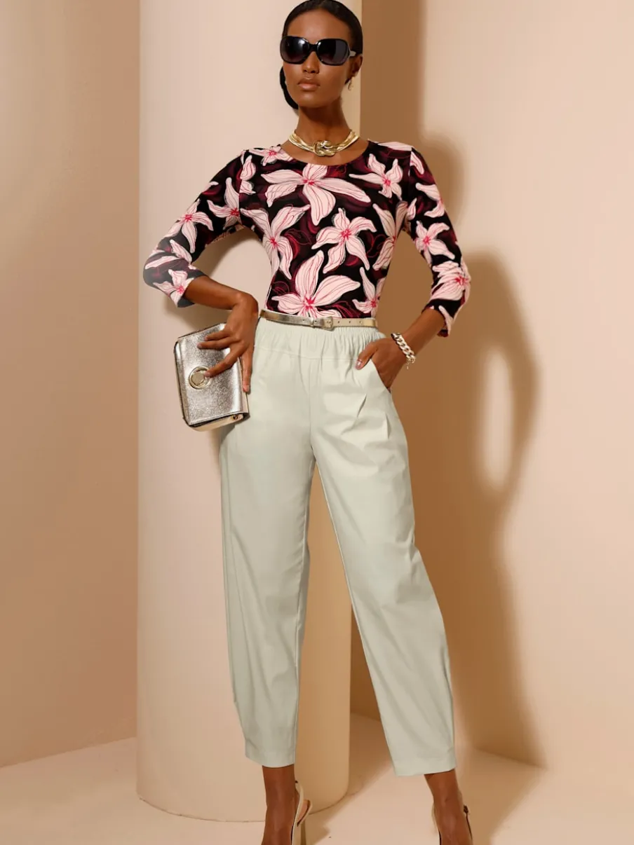 Pantalon 7/8 léger en bengaline avec ceinture élastique et plis