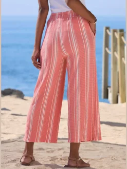 Pantalon 7/8 pantalon décontracté avec bords-côtes smockés extra-larges à rayures