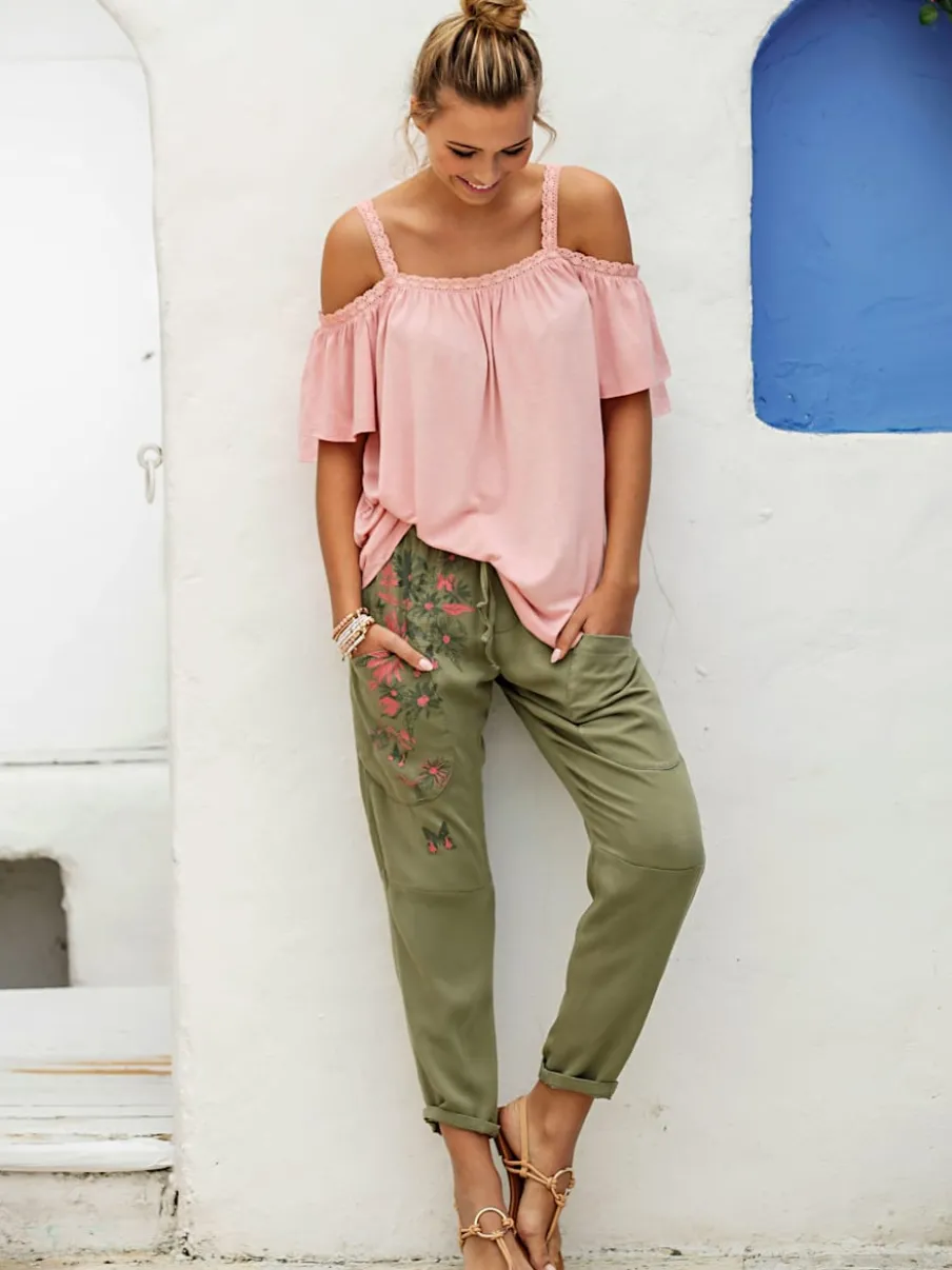 Pantalons décontractés avec fleurs et papillons surpoches