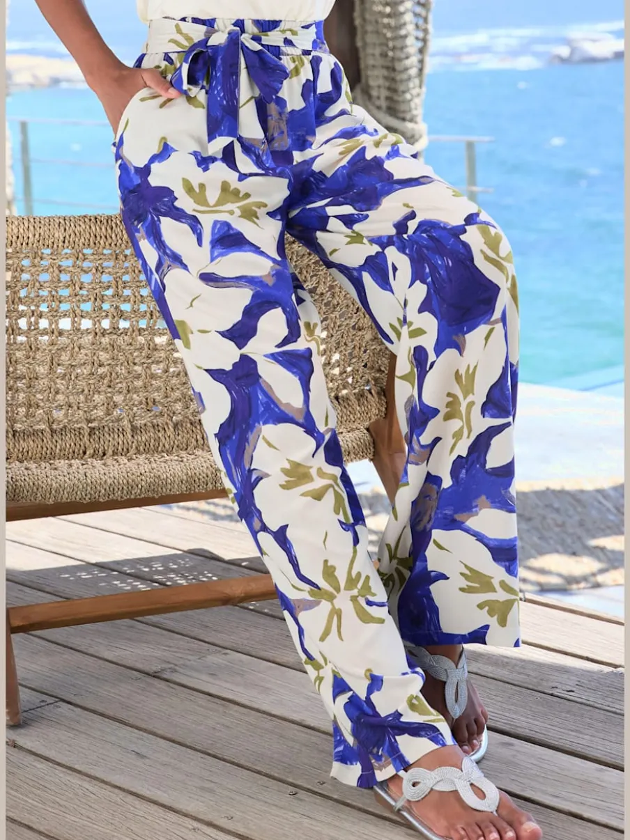 Pantalons élastiques avec ceinture à nouer et imprimé