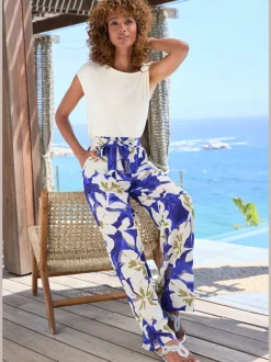 Pantalons élastiques avec ceinture à nouer et imprimé