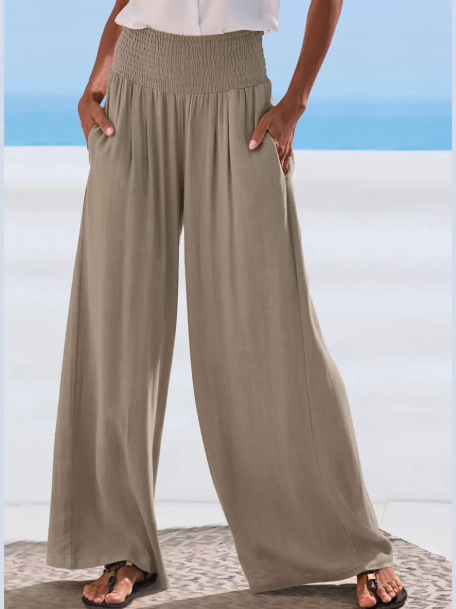 Pantalon structuré à ceinture smockée et poches latérales