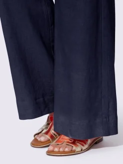 Pantalon taille haute en lin avec ceinture élastique et pinces