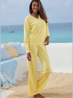Pantalon tricot jambes larges avec ceinture élastique confortable