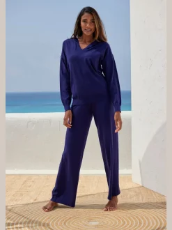 Pantalon tricot jambes larges avec ceinture élastique confortable
