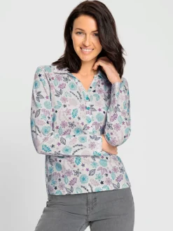 Polo floral à col chemise et manches longues extensible