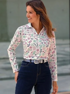 Polo floral à col chemise et manches longues extensible