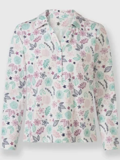 Polo floral à col chemise et manches longues extensible