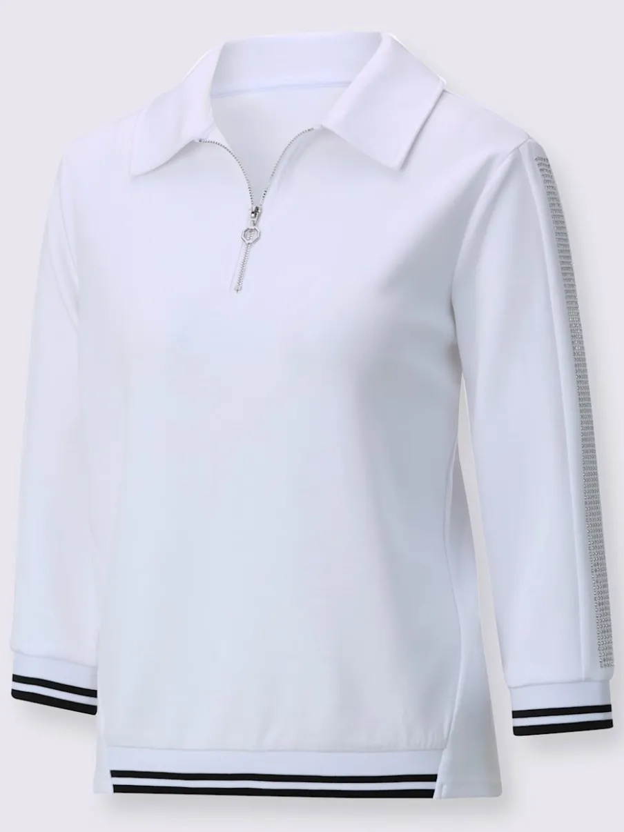 Polo à manches 3/4 avec col zippé et bords-côtes rayés