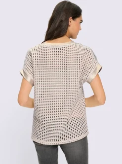 Pull ajouré avec col en V et manches courtes à motif ajouré