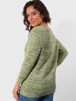 Pull ajouré à col en U manches trois quarts côtelé