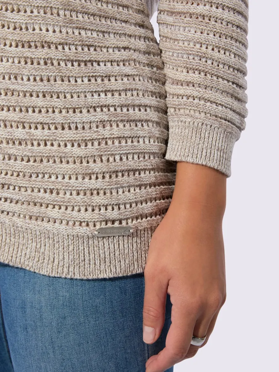 Pull ajouré à col en U manches trois quarts côtelé