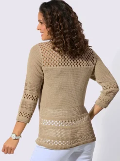 Pull ajouré col rond manches trois quarts motif tricoté