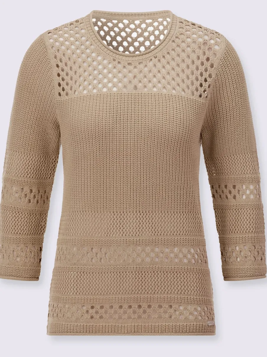 Pull ajouré col rond manches trois quarts motif tricoté