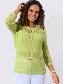 Pull ajouré col rond manches trois quarts motif tricoté