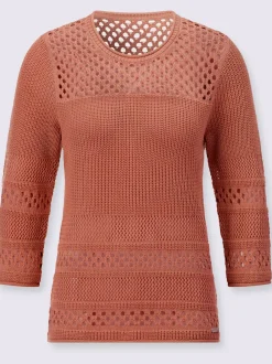 Pull ajouré col rond manches trois quarts motif tricoté