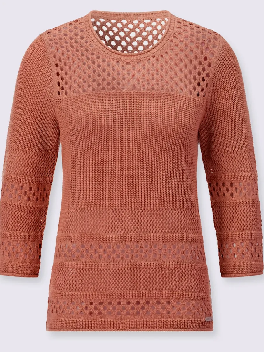 Pull ajouré col rond manches trois quarts motif tricoté