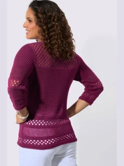 Pull ajouré col rond manches trois quarts motif tricoté