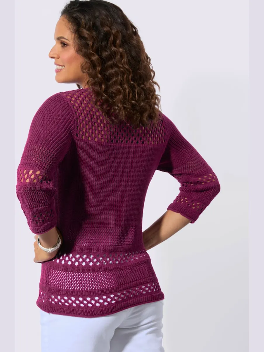 Pull ajouré col rond manches trois quarts motif tricoté