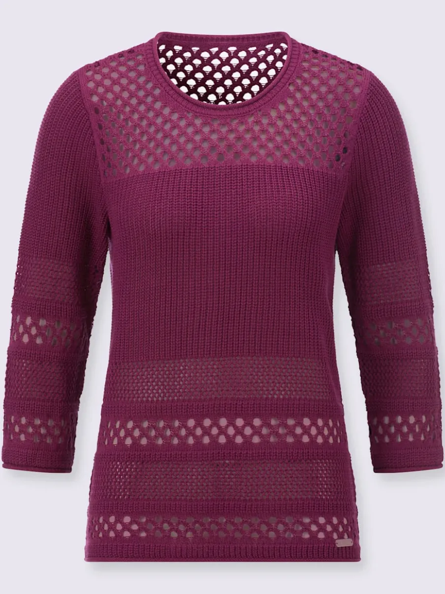 Pull ajouré col rond manches trois quarts motif tricoté