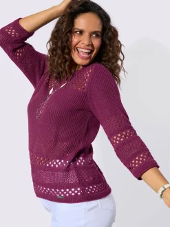 Pull ajouré col rond manches trois quarts motif tricoté