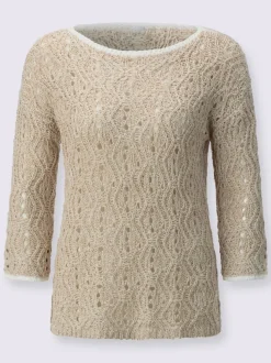 Pull ajouré à encolure en U et manches 3/4 avec motif géométrique