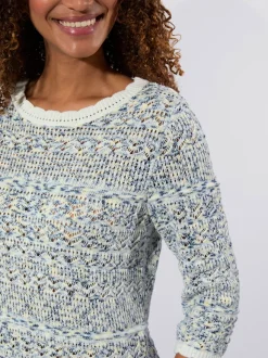 Pull ajouré en coton aux finitions ondulées manches trois quarts