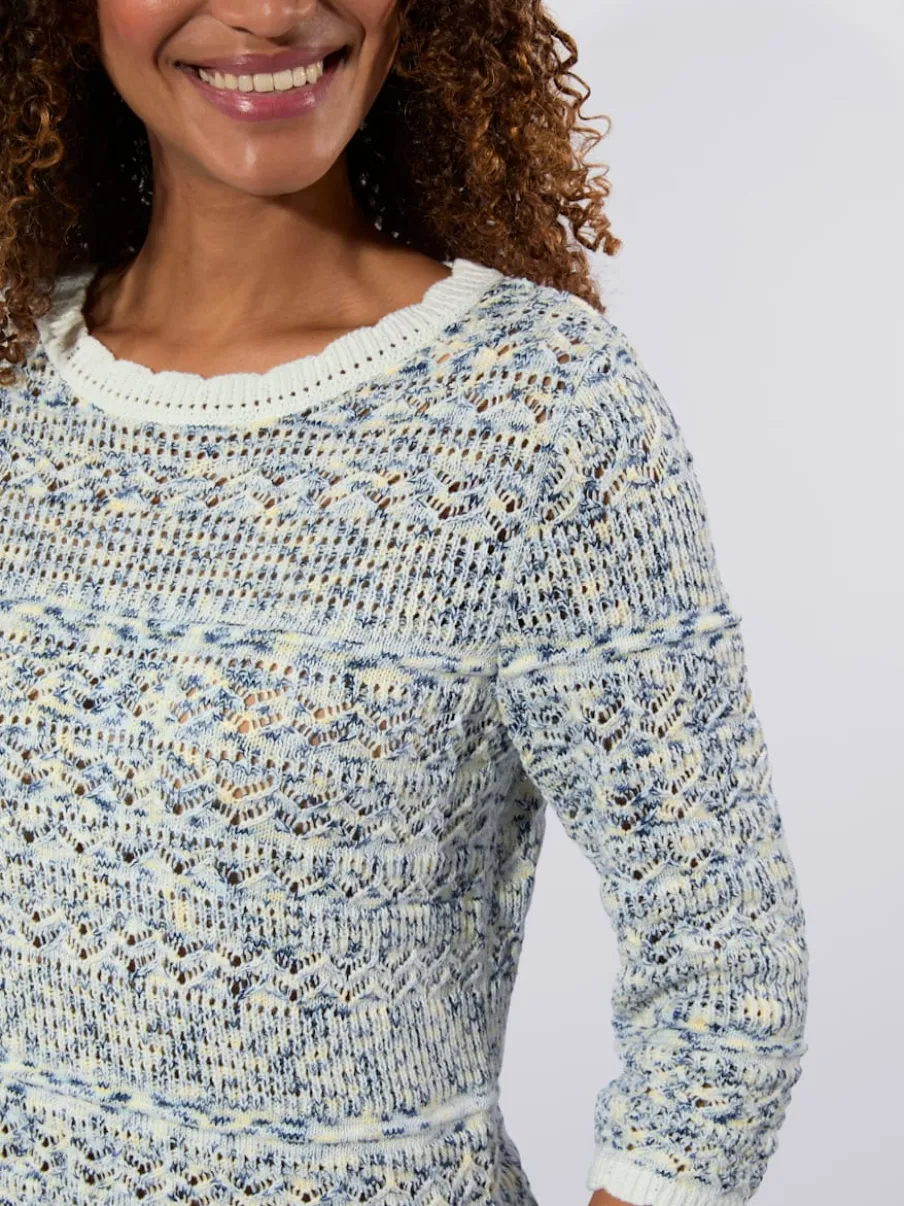 Pull ajouré en coton aux finitions ondulées manches trois quarts