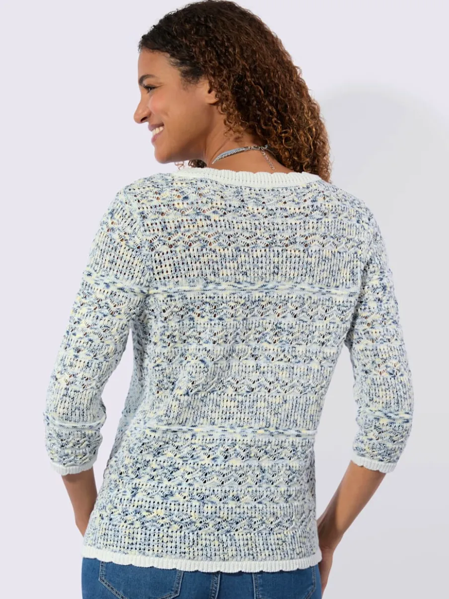 Pull ajouré en coton aux finitions ondulées manches trois quarts