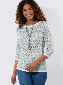 Pull ajouré en coton aux finitions ondulées manches trois quarts