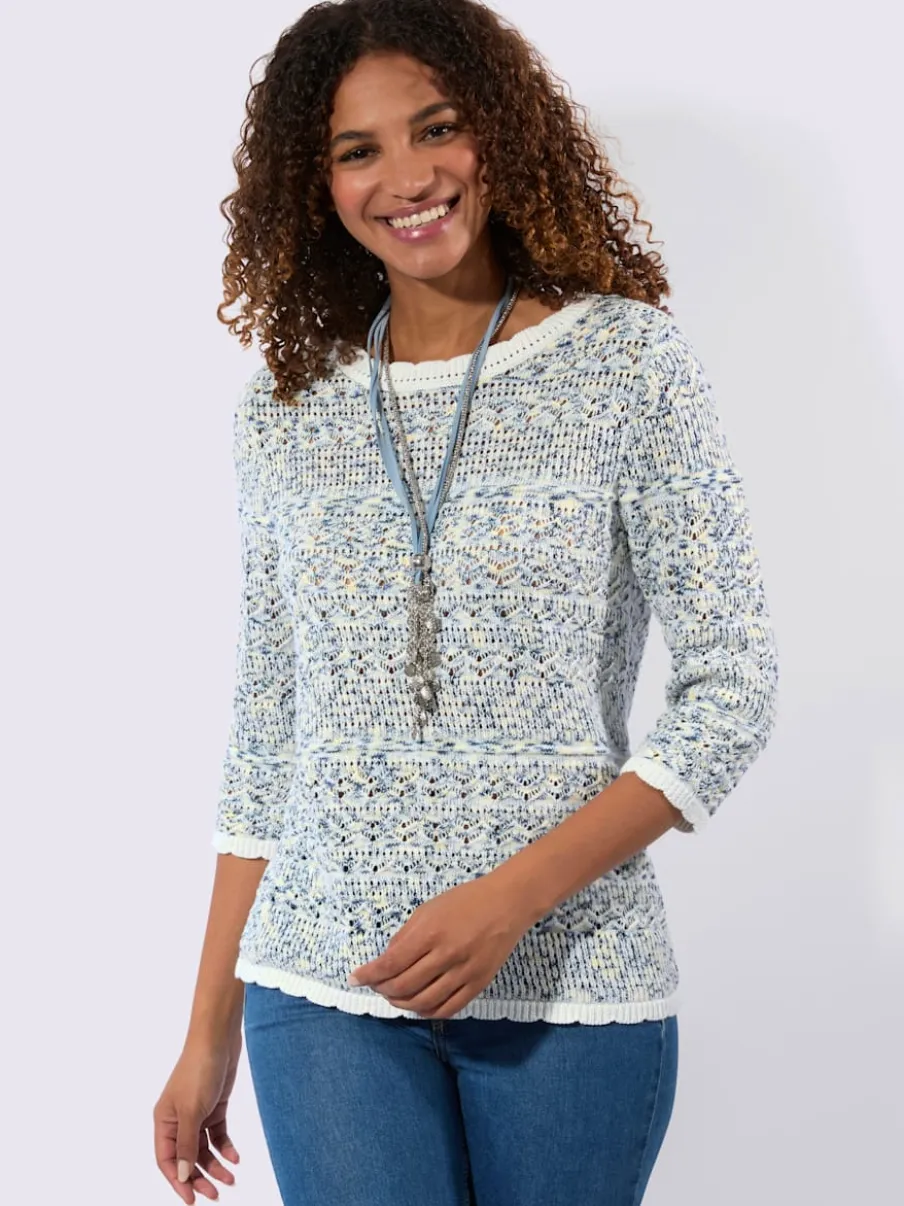 Pull ajouré en coton aux finitions ondulées manches trois quarts