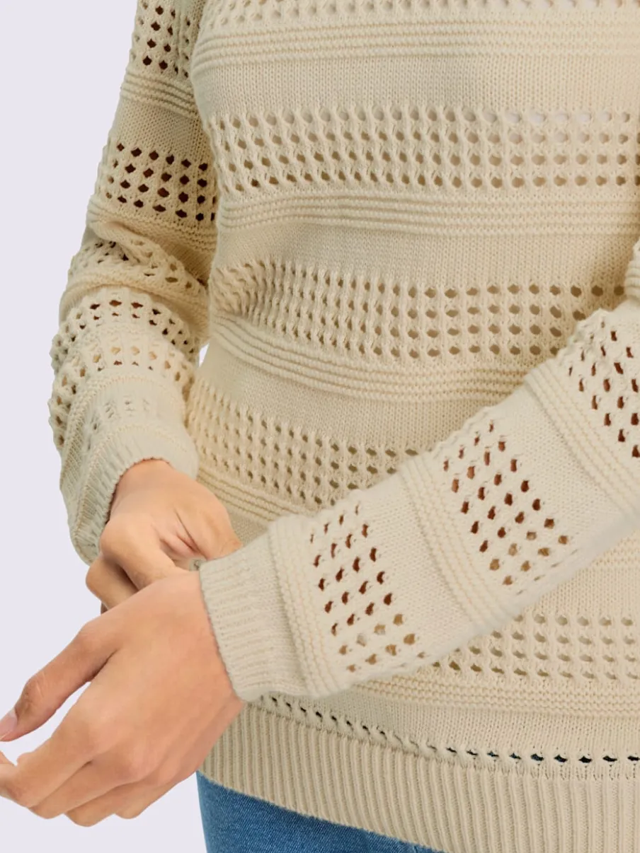 Pull ajouré en coton à encolure ronde et manches longues