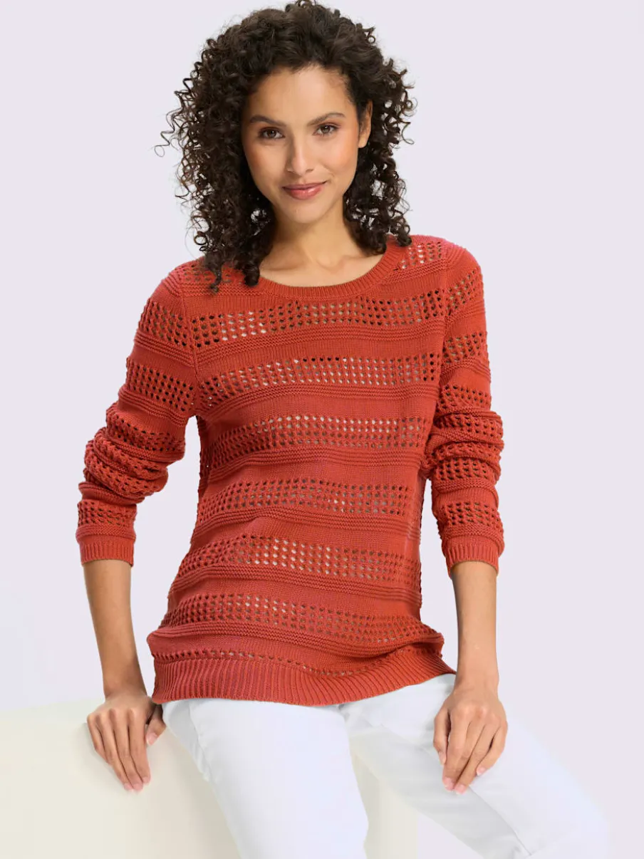 Pull ajouré en coton à encolure ronde et manches longues