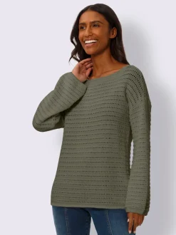 Pull ajouré en coton manches longues encolure U