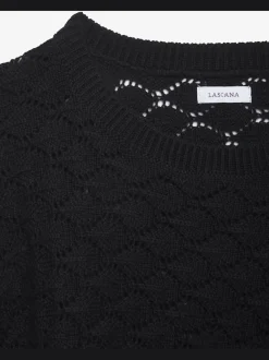 Pull ajouré en tricot à encolure ronde avec manches 3/4 bataillon