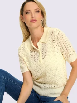Pull ajouré léger col polo manches mi-longues motif ajouré