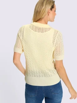 Pull ajouré léger col polo manches mi-longues motif ajouré