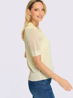 Pull ajouré léger col polo manches mi-longues motif ajouré