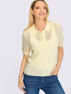 Pull ajouré léger col polo manches mi-longues motif ajouré