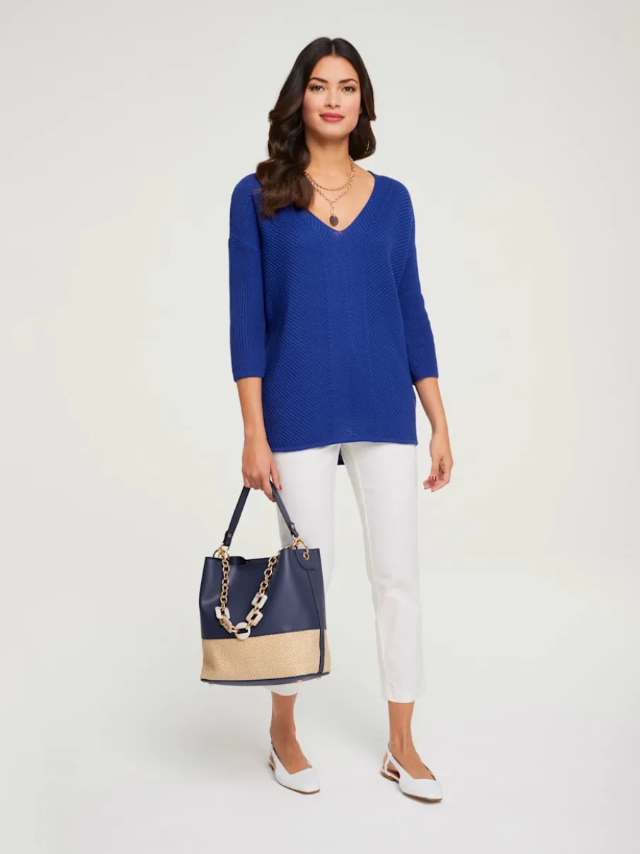 Pull ample en V avec manches 3/4 et mélange tricoté
